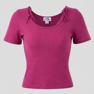 Betty Blue Vintage 90s Burgundy Ribbed Scoop Neck Bow‎ Top NWT Large 1623TF3
